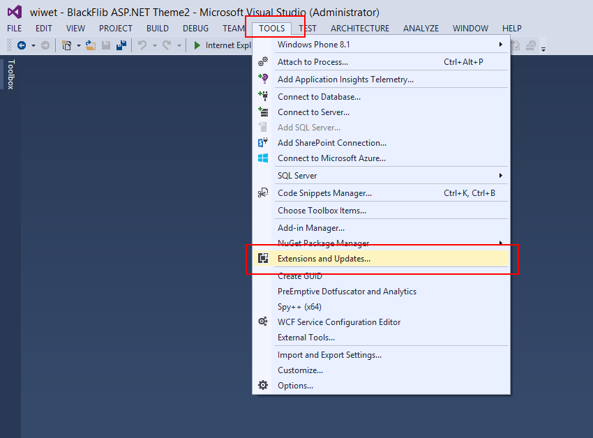 On Visual Studio Click on Tools -> Extensions and Updates